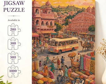 Jaipur India Market Jigsaw Puzzle, Colorful Rajasthan Street Scene Puzzle, Landscape Print, Cultural Home Decor, Gift for India Lovers