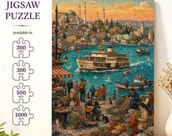 Istanbul Bosphorus Ferry Jigsaw Puzzle, Vintage Turkey Harbor City Scene Puzzle, Travel Momery, Retro Wall Decor, Gift for Turkey Lovers
