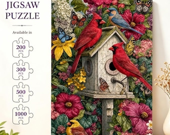 Colorful Birdhouse Garden Jigsaw Puzzle, Floral Bird Nature Puzzle, Colorful Artwork, Cottage Garden Decor, Gift for Mom, Bird Lovers Gifts