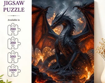 Black Dragon Fantasy Jigsaw Puzzle, Fire Dragon Mythical Creature Puzzle, Fantasy Game Room Decor, Gift for Him, Dragon Lovers Gifts