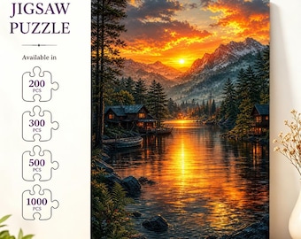 May include: A jigsaw puzzle featuring a landscape of a lake surrounded by pine trees, mountains, and cabins at sunset. The sky is filled with orange and yellow clouds. Text on the left indicates availability in 200, 300, 500, and 1000 pieces.