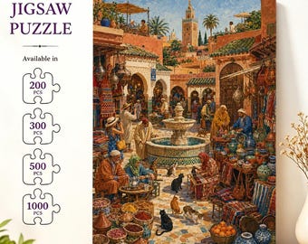 Marrakech Morocco Market Jigsaw Puzzle, Vintage Arabian Street Scene Puzzle, Vintage Artwork, Cultural Wall Decor, Gift for Travelers