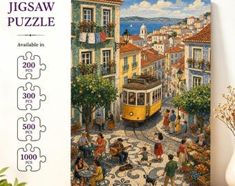 Lisbon Portugal Tram Street Jigsaw Puzzle, Vintage European City Scene Puzzle, Vintage Print, Travel Wall Decor, Gift for Europe Lovers