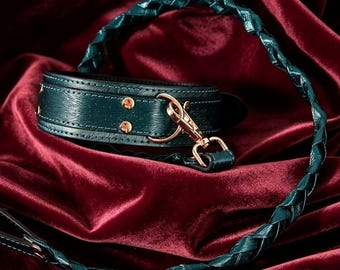 Emerald Green Leather Choker Collar with Braided Leash,  Gothic Collar and Lead Set,  BDSM Couple play Gift