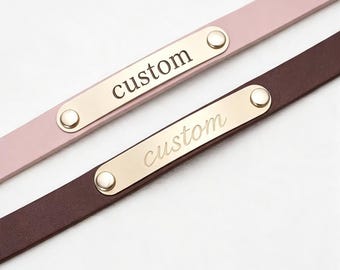 Custom Bondage Neckwear Engraved Metal Bar Leather Choker, 11 Color Options, Handmade Custom Word Choker, Minimalist Gift for her