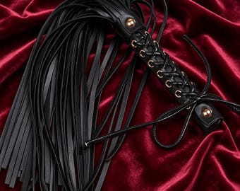 Fetish Black Faux Leather Flogger with Lace-Up Handle, Gothic Couple Accessory