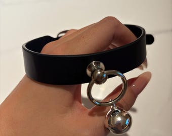 Black Leather Bell Choker, Adjustable 31-39 cm Collar