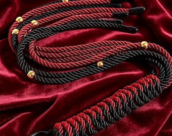 BDSM couple gift Crimson & Black Handwoven Nylon Flogger with Gold Beads