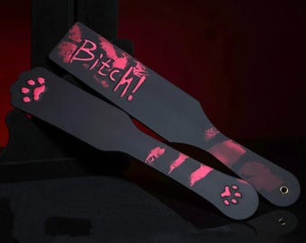 Adult Play Paddles Paw Print & Graffiti BDSM Couple Toy Black Pink Heat Reactive Spanking Paddle Set