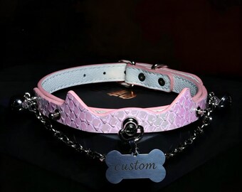 Genuine Snake Skin & Cowhide collar with Personalized Text Adult toys K9 Couple gift  Pink Pet play Custom Choker