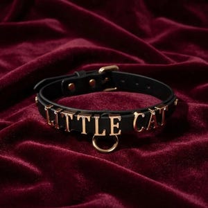 May include: A black leather collar featuring gold-toned metal letters that spell out the words LITTLE CAT. The collar includes a gold-toned metal buckle, adjustment holes, and a central circular ring attachment. Each letter is accented with a small clear stone.