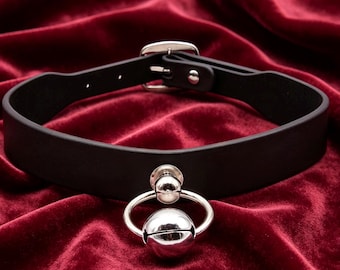 Black Leather Bell Choker, Adjustable 31-39 cm Collar