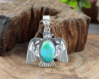 Pingente Thunderbird em Prata de Lei 925: Colar com Pingente em Turquesa Azul Mohave, Design Nativo Americano, Joia Boho Feita à Mão