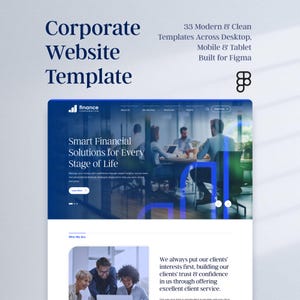 May include: A corporate website template design with the text "Corporate Website Template" in a dark blue font. The design includes a website mockup with the text "Smart Financial Solutions for Every Stage of Life."