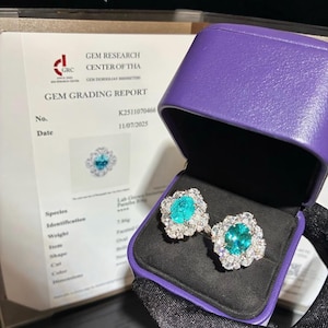 Puede incluir: Pendientes con una piedra central turquesa vibrante rodeada de pequeñas gemas blancas brillantes. Se exhiben en un joyero morado con interior negro, junto a un informe de clasificación de gemas.