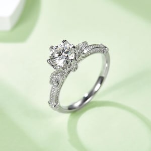 The Coronation Vow | 1 Carat D Color VVS1 Crown Setting Ring, Vintage Baroque Scroll Moissanite Diamond, 925 Silver 18K Gold Plating