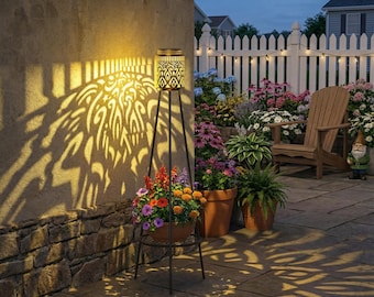 2 Pack Outdoor Solar Lights with Plant Stand Waterproof Metal Solar Powered Lantern Floor Lamps for Patio