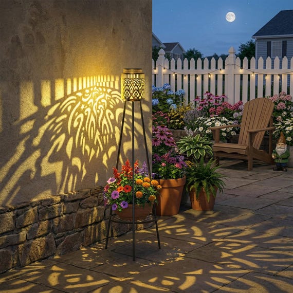 2 Pack Outdoor Solar Lights with Plant Stand Waterproof Metal Solar Powered Lantern Floor Lamps for Patio
