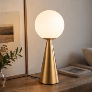 Modern Brass Table Lamp, Opal Globe Bedside Light, Minimalist Gold Accent Decor