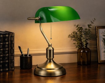Bauhaus Bankers Lamp, Emerald Green Glass, Vintage Brass Desk Light, Dark Academia Office Decor
