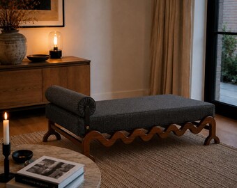 Handcrafted Solid Walnut Bouclé Daybed, Sculptural Chaise Lounge, Designer Furniture Belgium