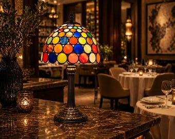 Lámpara de mesa Tiffany Mosaic, lámpara de vidrieras coloridas, lámpara de mesita de noche estilo boho, lámpara de cúpula vintage decorativa, regalo único