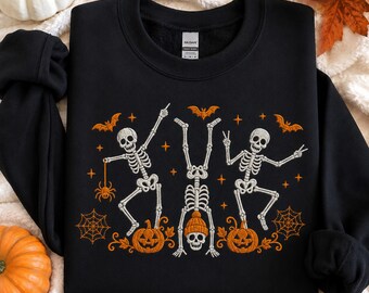 怖い骸骨のハロウィン刺繍デザイン、不気味な秋のミシン刺繍ファイル、ハロウィンのコウモリ、カボチャ、クモの巣（デジタルダウンロード）