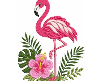 Flamingo Machine Embroidery Design, Beach Summer Bird Embroidery File, Tropical Flamingo Embroidery Design,  Hibiscus Flower Embroidery File