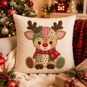 Patchwork Reindeer Applique Embroidery Design, Christmas Quilt Style Machine Embroidery File, Christmas Embroidery Design (Instant Download)