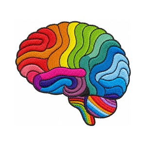May include: A colorful embroidered patch in the shape of a human brain. The brain is segmented into sections of red, orange, yellow, green, blue, and purple, with a rainbow-colored base. The patch has a black border and is set against a white background.