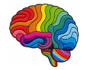 Könnte beinhalten: Ein farbenfroher, gestickter Aufnäher in Form eines menschlichen Gehirns. Das Gehirn ist in Abschnitte in Rot, Orange, Gelb, Grün, Blau und Lila unterteilt, mit einer Regenbogenbasis. Der Aufnäher hat einen schwarzen Rand und einen weißen Hintergrund.