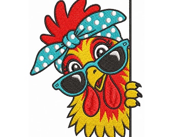 Motif de broderie poulet avec bandana et lunettes, fichier de broderie d'animaux de la ferme, broderie de poulet coucou, broderie de coq drôle