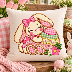 Motif de broderie appliqué patchwork lapin de Pâques, motif de broderie lapin, lapin de Pâques avec œuf (Téléchargement instantané)