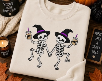 Scary Skeleton Embroidery Design, Halloween Dancing Skeletons Coffee Embroidery Design, Spooky Season Embroidery, 4 Sizes (Digital Download)