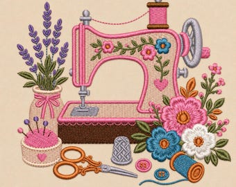 Vintage Sewing Machine Embroidery Design, Floral Sewing Pattern File, Quilting Craft Room Decor, Sewing Room Machine Embroidery File