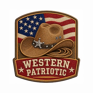 Op de afbeelding: Geborduurde patch met een bruine cowboyhoed, sterbadge en touw, tegen de Amerikaanse vlag. De tekst "WESTERN PATRIOTIC" staat op een rode banner, ideaal voor kleding of accessoires.
