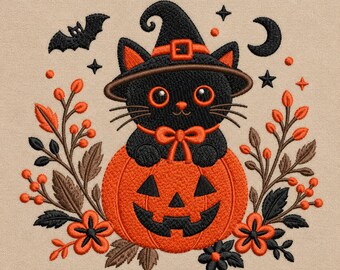 Motif de broderie chat noir d'Halloween, fichier de broderie citrouille, broderie chat sorcière, broderie Machine automne effrayant (téléchargement numérique)