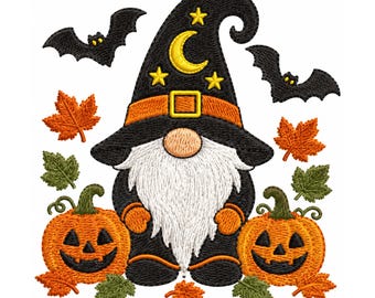 Motif de broderie nain sorcière d'Halloween, fichier de broderie nain citrouille, motif de broderie Machine nain d'automne mignon, décoration d'automne ferme
