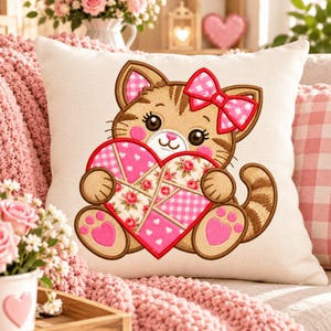 Patchwork Valentine Cat Applique Embroidery Design, Valentine's Day Heart Machine Embroidery, Kitten Embroidery Design (Digital Download)