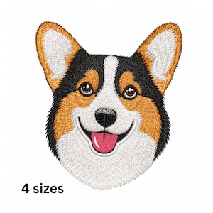 May include: An embroidered patch featuring the head of a tricolor Corgi dog with black, tan, and white fur, brown eyes, a black nose, and an open mouth with a pink tongue visible. The text 4 sizes is printed in black in the bottom left corner.
