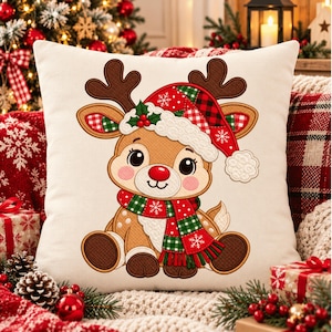 パッチワーク風クリスマス・トナカイのアップリケ刺繍デザイン、クリスマス・キルトスタイルのミシン刺繍ファイル、クリスマス・ナーサリー装飾刺繍デザイン