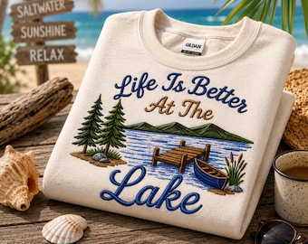 Motif de broderie La vie est meilleure au bord du lac, motif de broderie maison du lac, motif de broderie cabane, fichier de broderie vie de lac