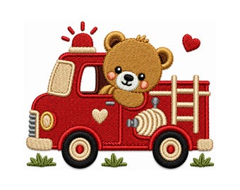 Motif de broderie ours camion de pompier, motif de broderie ours pompier, fichier de broderie camion de pompier nounours mignon, broderie pompier pour enfants