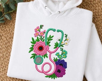 Bloemen stethoscoop borduurontwerp, verpleegkundige borduurbestand, medisch bloemen hart, dokter cadeau, RN verpleegkundige leven, verpleegkundige arts stethoscoop