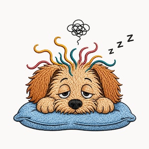May include: Embroidered image of a sleepy dog with closed eyes, resting on a blue pillow. The dog has brown fur and colorful, curly hair. Above the dog's head is a black scribble, and the letters "Z" appear three times.