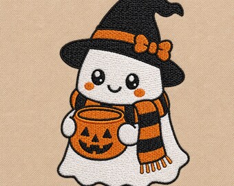 Joli motif de broderie fantôme sorcière, motif de broderie Machine fantôme d'Halloween, broderie machine avec chapeau fantasmagorique (téléchargement instantané, 4 tailles)