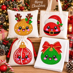 May include: A white throw cushion, a canvas tote bag, a drawstring pouch, and a folded towel, each featuring a colourful embroidered Christmas character. The designs include a reindeer-antlered ornament, a Santa-hatted ornament, and two festive baubles.