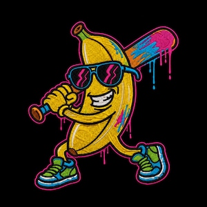 Puede incluir: Un parche bordado que muestra un personaje de plátano amarillo con gafas de sol negras y cristales rosas. El plátano sostiene un bate de béisbol con pintura azul y rosa goteando. El personaje lleva zapatillas verdes y azules sobre fondo negro.