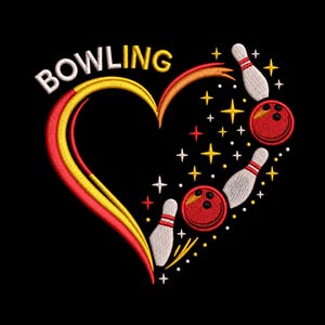 May include: Embroidered design featuring the word "BOWLING" in white and yellow above a heart-shaped design. The heart is red and yellow, with bowling pins, red bowling balls, and stars on a black background.