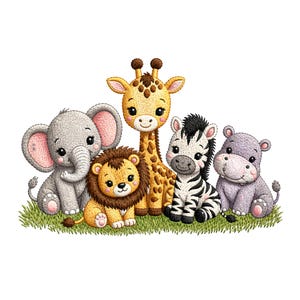 May include: A charming illustration features five adorable safari animals: an elephant, lion, giraffe, zebra, and hippo. The animals are depicted in a cute, cartoon style, sitting on a patch of green grass. The elephant has large pink ears, and the giraffe has a long neck.